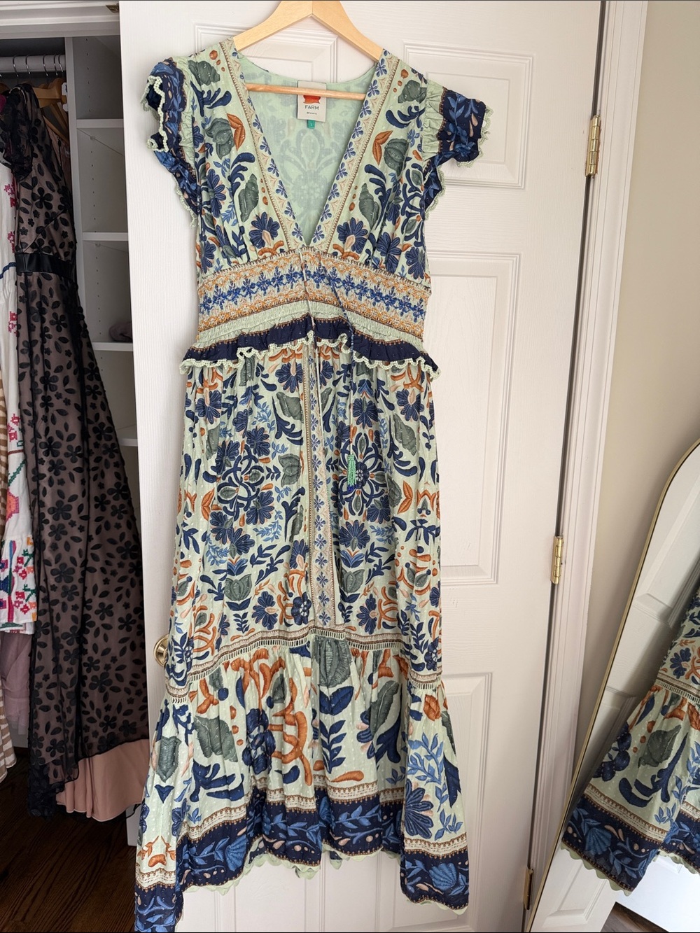 FARM Rio Light Blue Floral V‑Neck Tiered Maxi Dress